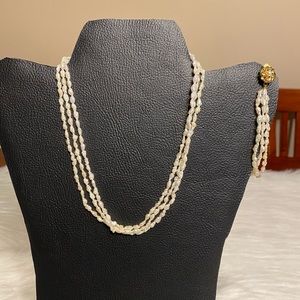 Three Strand White Freshwater Pearl Necklace and Bracelet with Gold Tone Clasp